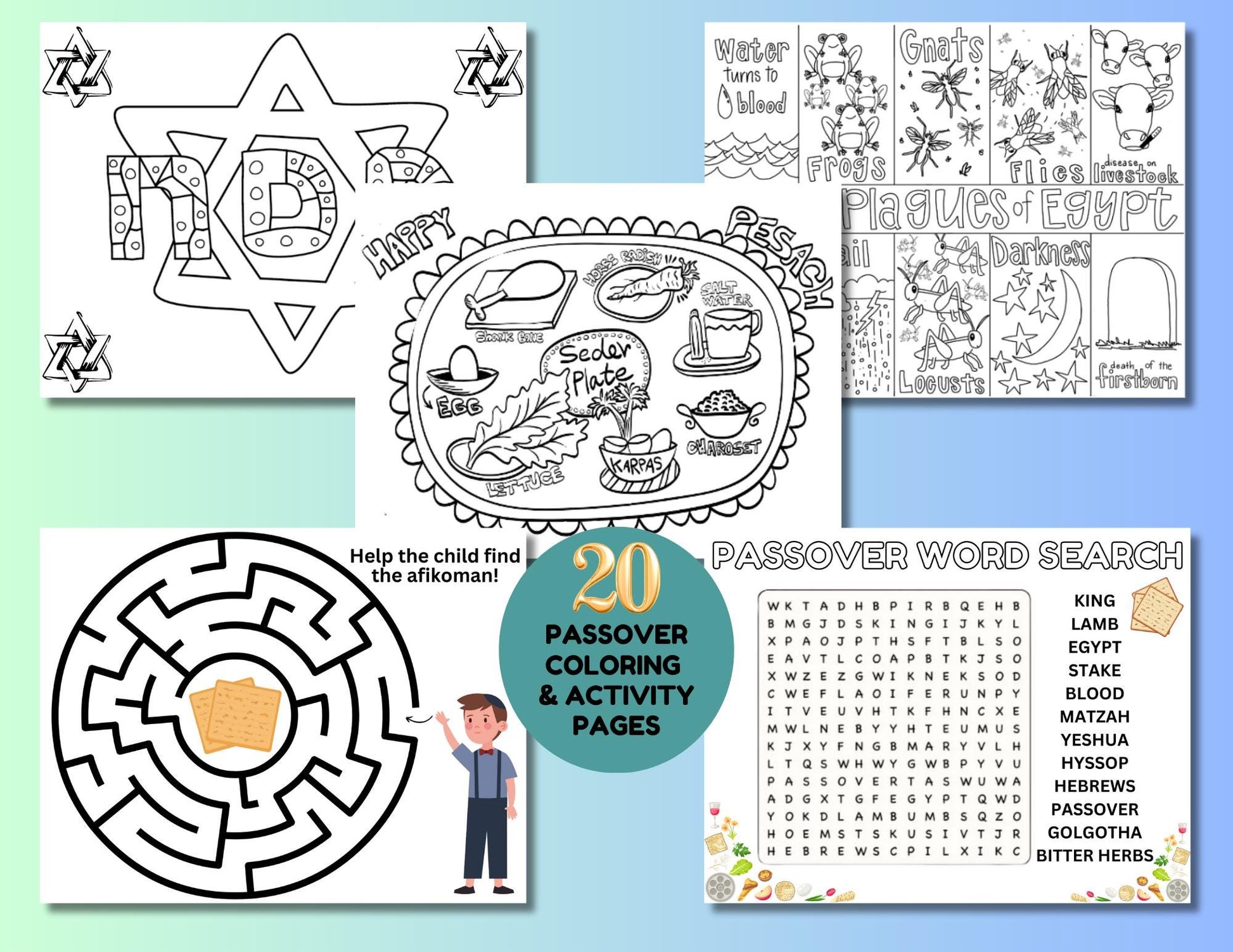 20 páginas para colorear de la Pascua para niños, páginas para colorear de las Altas Fiestas, imprimibles de la Pascua, actividad para festividades judías, descarga instantánea