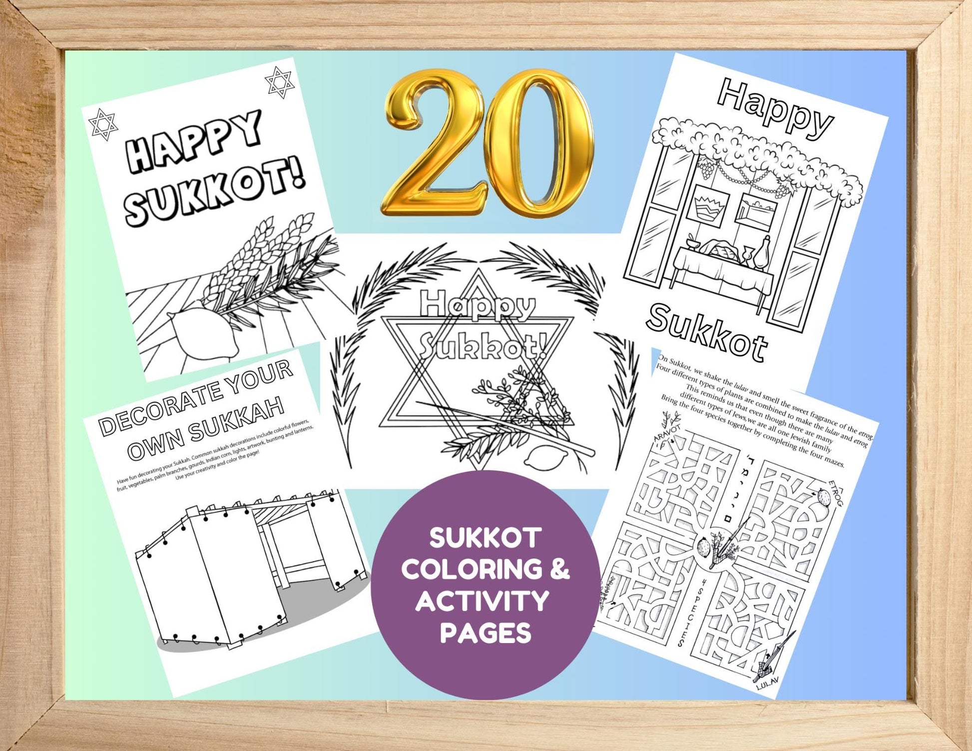 20 páginas para colorear de Sucot, aprendizaje de festividades judías, libro de actividades judías, página para colorear de las Altas Fiestas, imprimible de Sucot, Sucot para niños