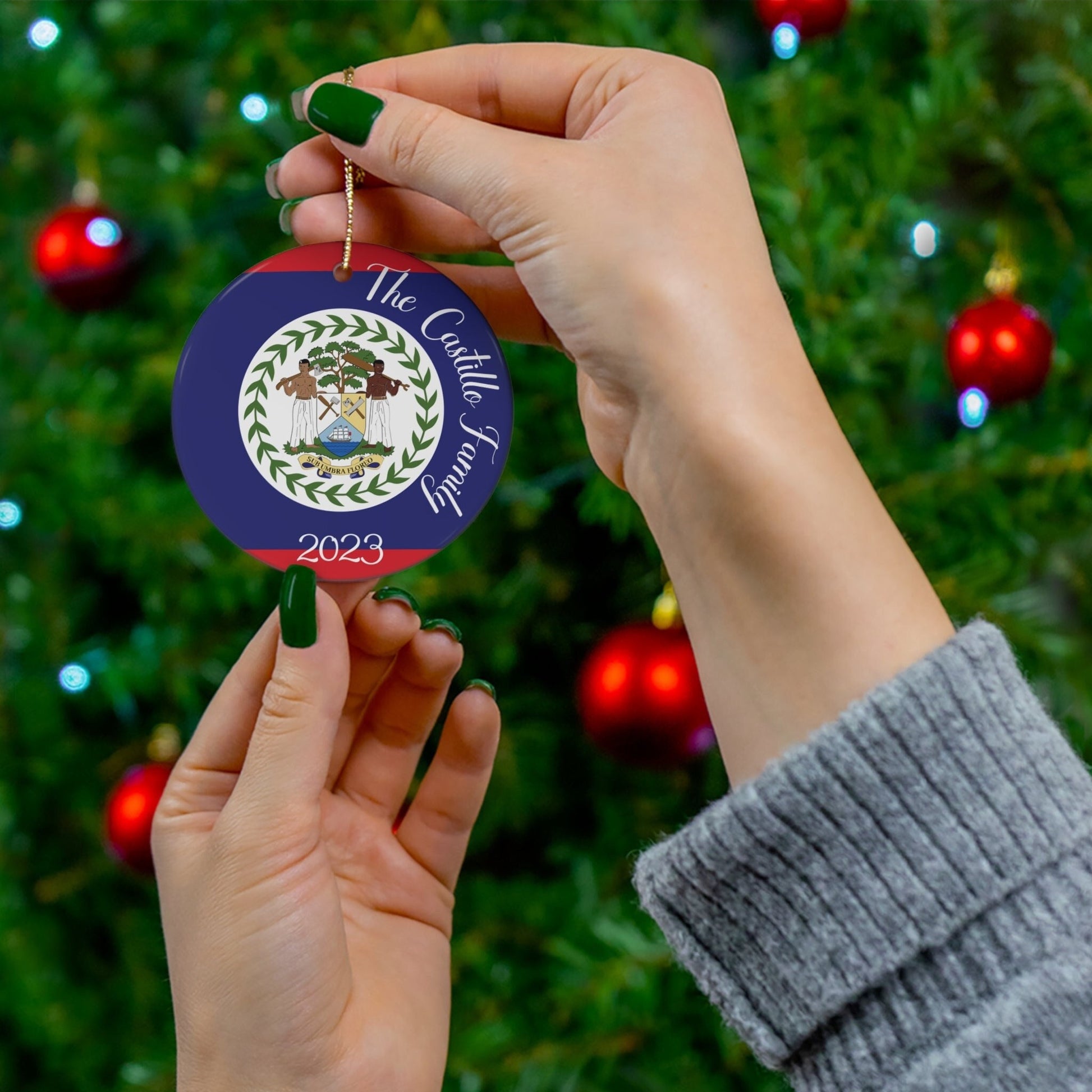 Personalized Belize Christmas Ornament Belizean Flag Inspired Print, Caribbean, Central America, World Travel Gift Souvenir Ceramic, Circle