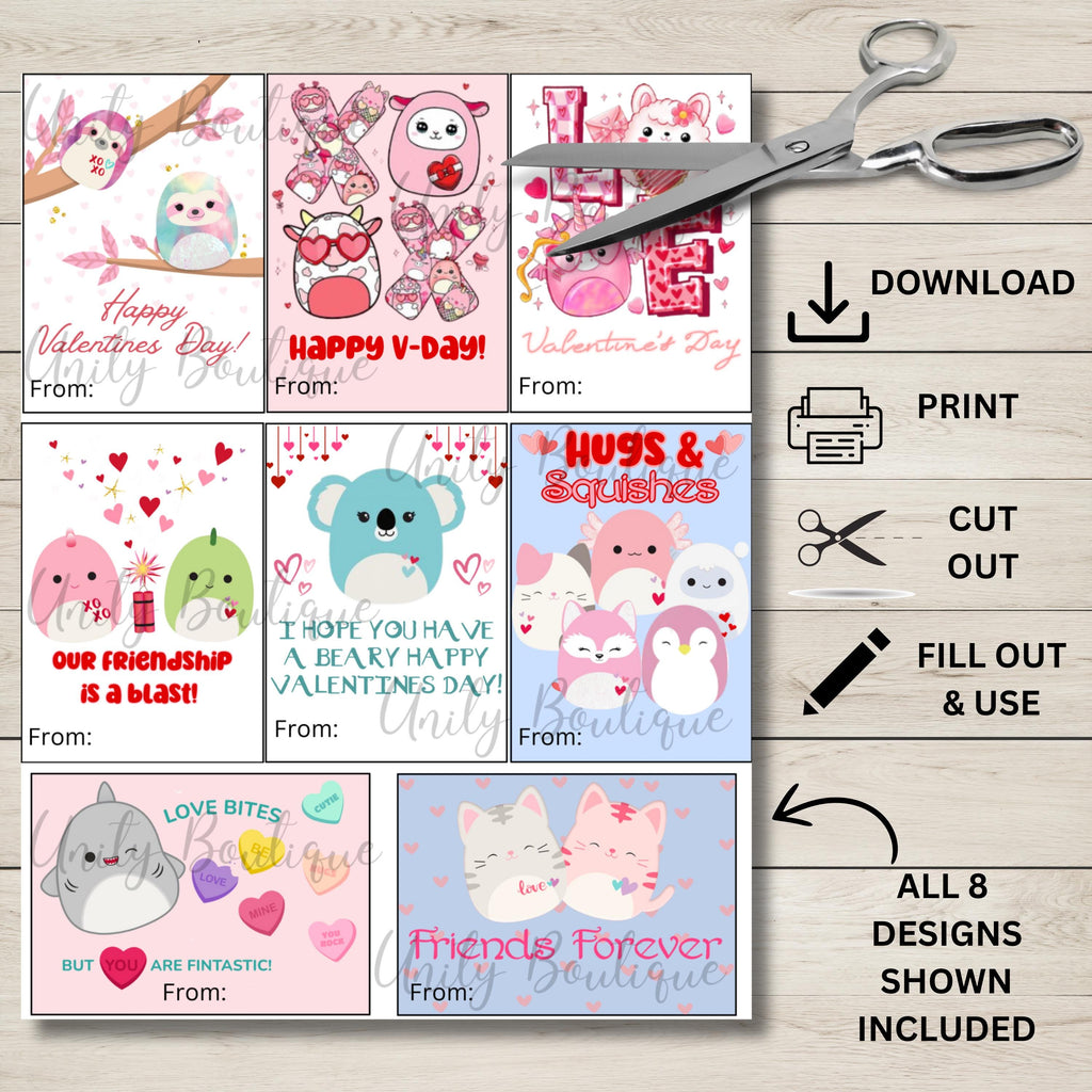 Squishmallow Valentine's Day Cards, 8 Printable Classroom Squishmallow Valentine Cards
