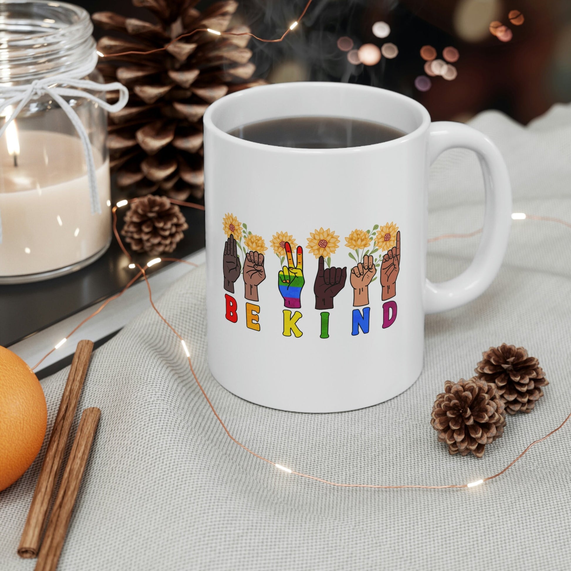 Be Kind Sign Language Mug, ASL Coffee Cup, Sunflower ASL Coffee Cup, Hand Sign Language Mug, Deaf Community Mug, Holiday Gift, Kindness Mug