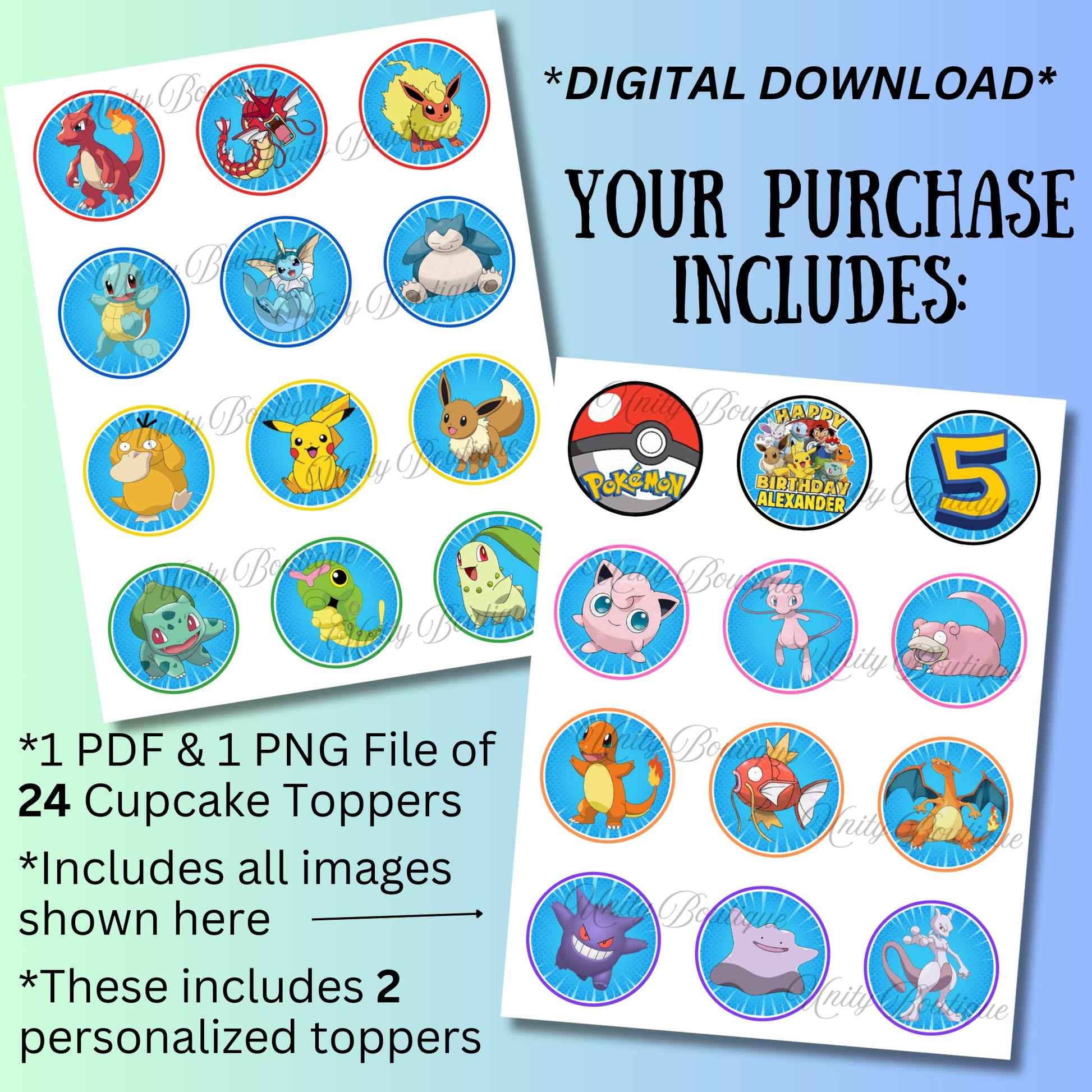 Personalized Pokemon Cupcake Toppers, Custom Pokemon Party Decor, Gotta Catch Em All Pikachu Party Supplies