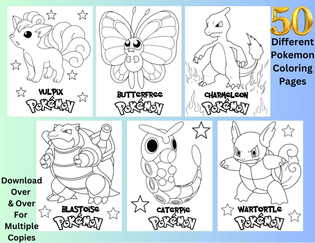 50 páginas para colorear de personajes de Pokémon, descarga instantánea, páginas para colorear imprimibles de "Atrapa a todos" y regalos para fiestas de Pokémon Go.