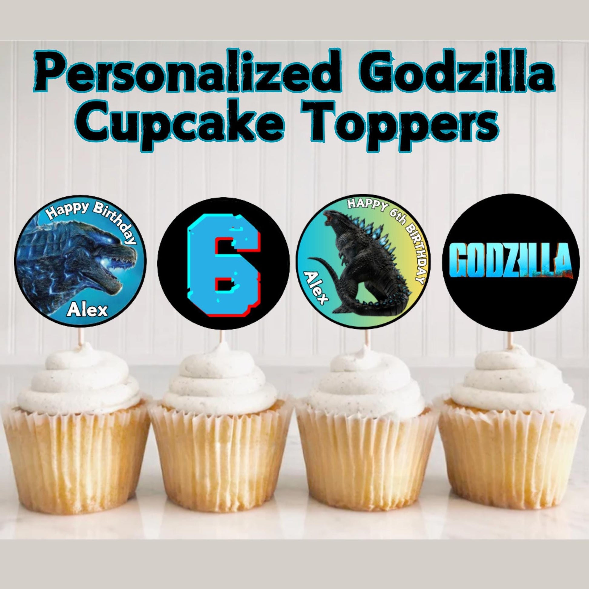 Personalized Godzilla Birthday Cupcake Toppers, Custom Godzilla Party Decor