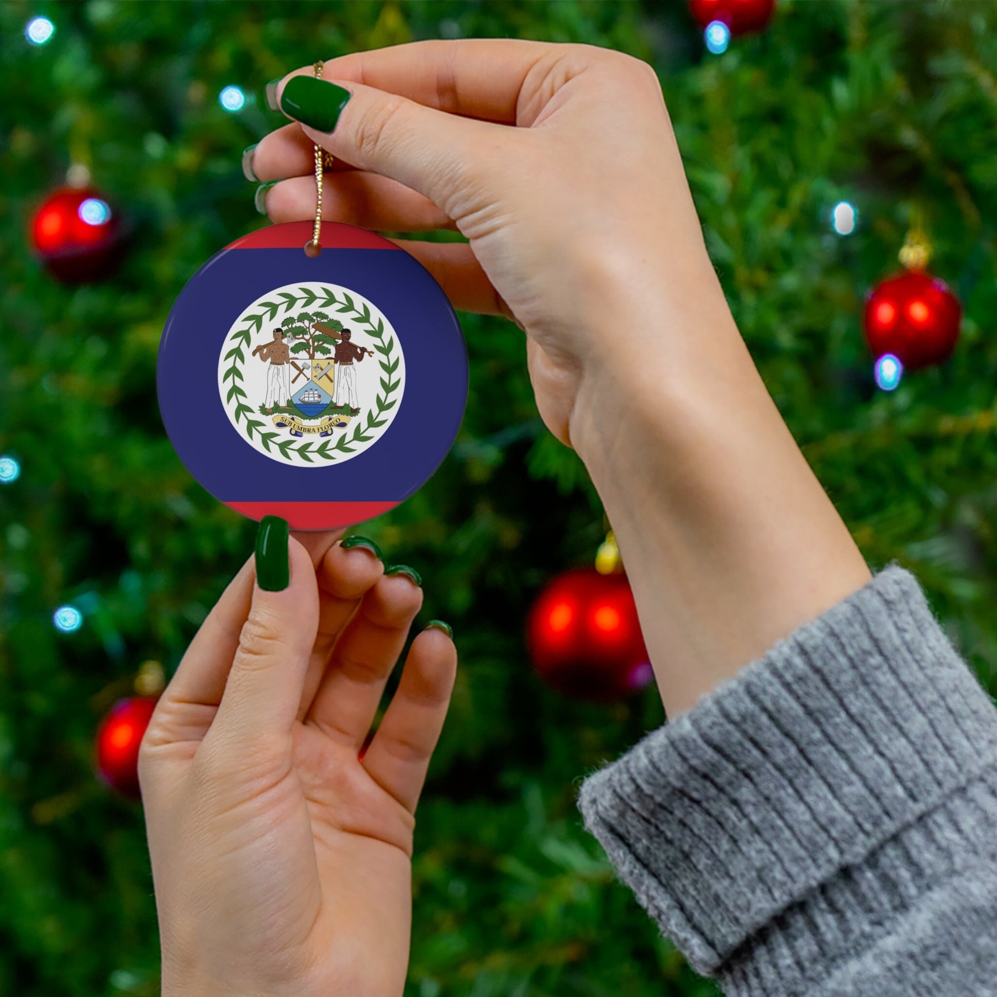 Personalized Belize Christmas Ornament Belizean Flag Inspired Print, Caribbean, Central America, World Travel Gift Souvenir Ceramic, Circle