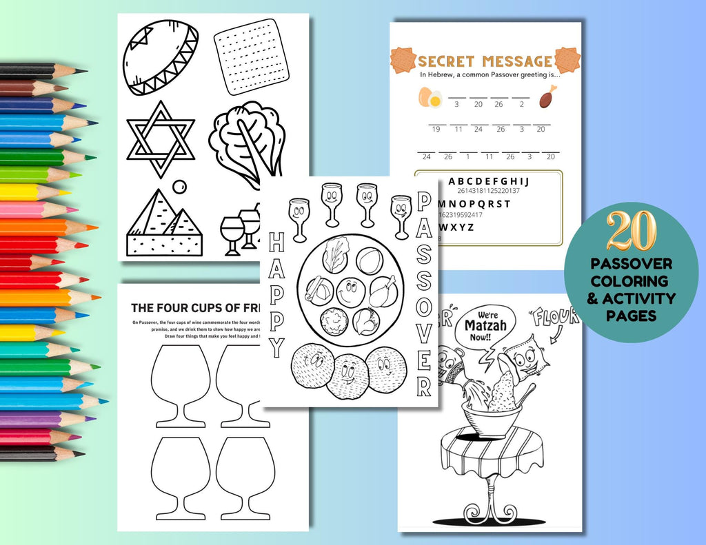 20 páginas para colorear de la Pascua para niños, páginas para colorear de las Altas Fiestas, imprimibles de la Pascua, actividad para festividades judías, descarga instantánea