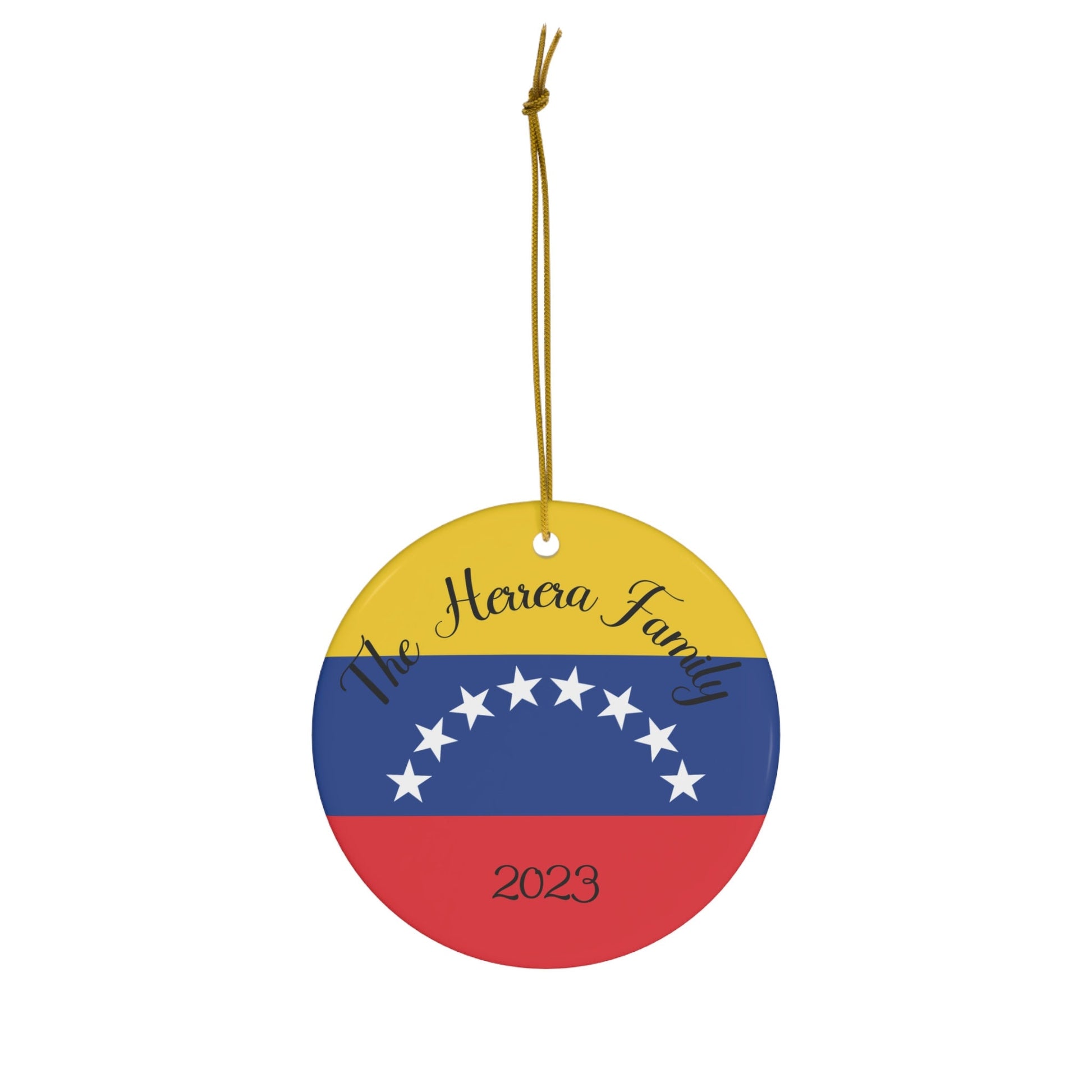 Personalized Venezuela Venezuelan Flag Inspired Yellow Red Blue White Round Ceramic Christmas Ornament Gift Decoration Holiday World Travel