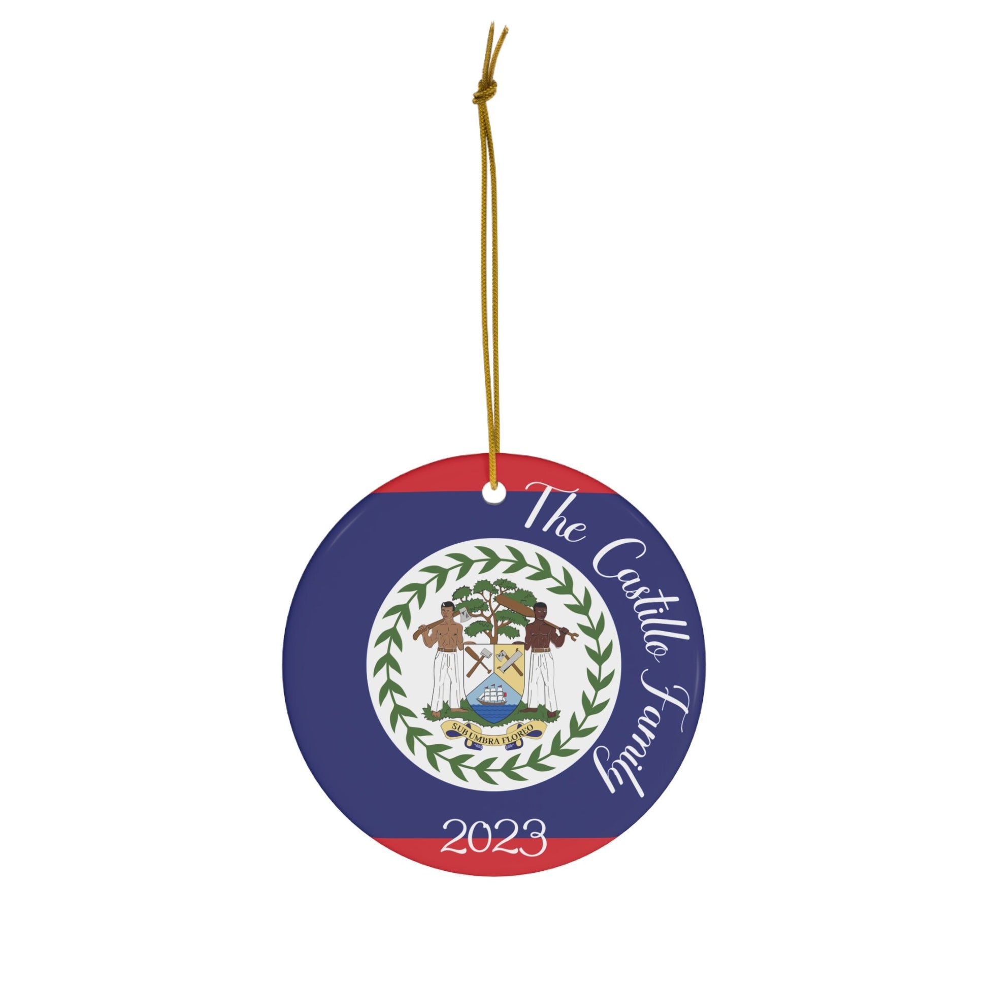 Personalized Belize Christmas Ornament Belizean Flag Inspired Print, Caribbean, Central America, World Travel Gift Souvenir Ceramic, Circle