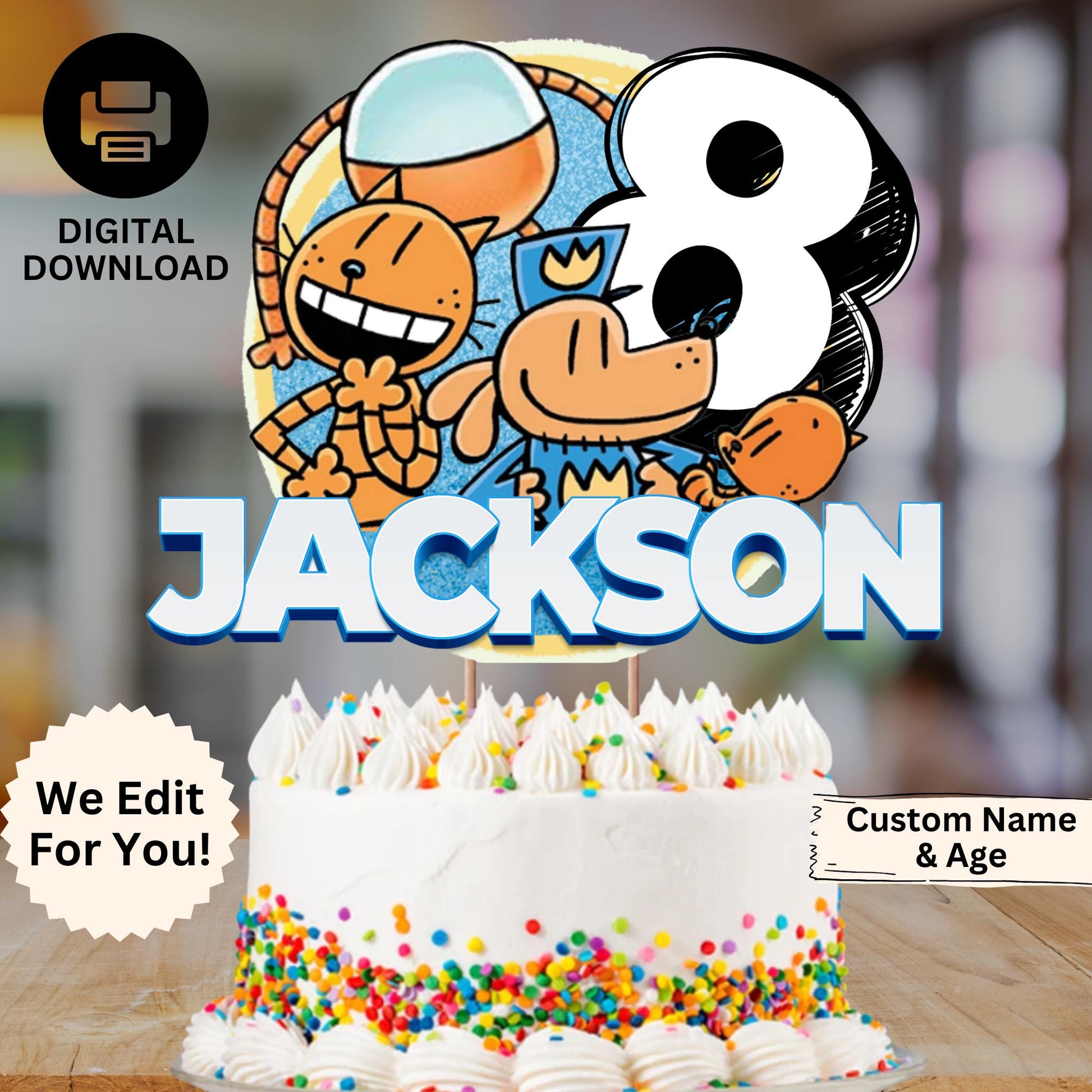 Personalized Dog Man Birthday Cake Topper, Custom Dog Man Superhero Party Decoration