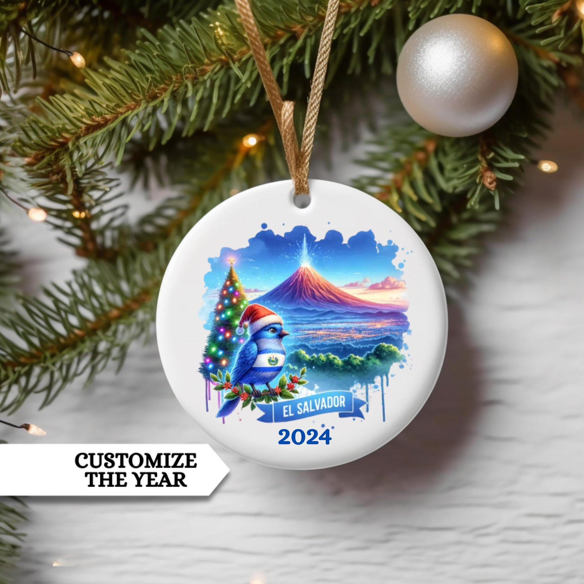 Personalized El Salvador Ornament, El Salvador Christmas Ornament, El Salvador Souvenir, Santa Bird Christmas Ornament, Honeymoon, Travel