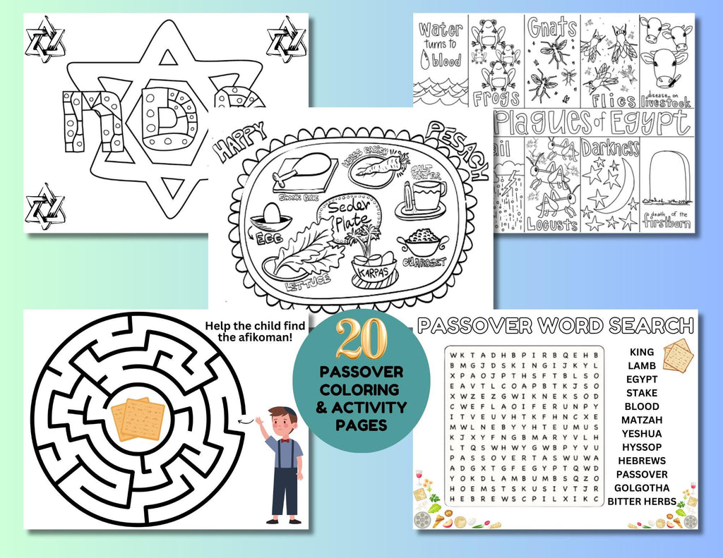 20 páginas para colorear de la Pascua para niños, páginas para colorear de las Altas Fiestas, imprimibles de la Pascua, actividad para festividades judías, descarga instantánea