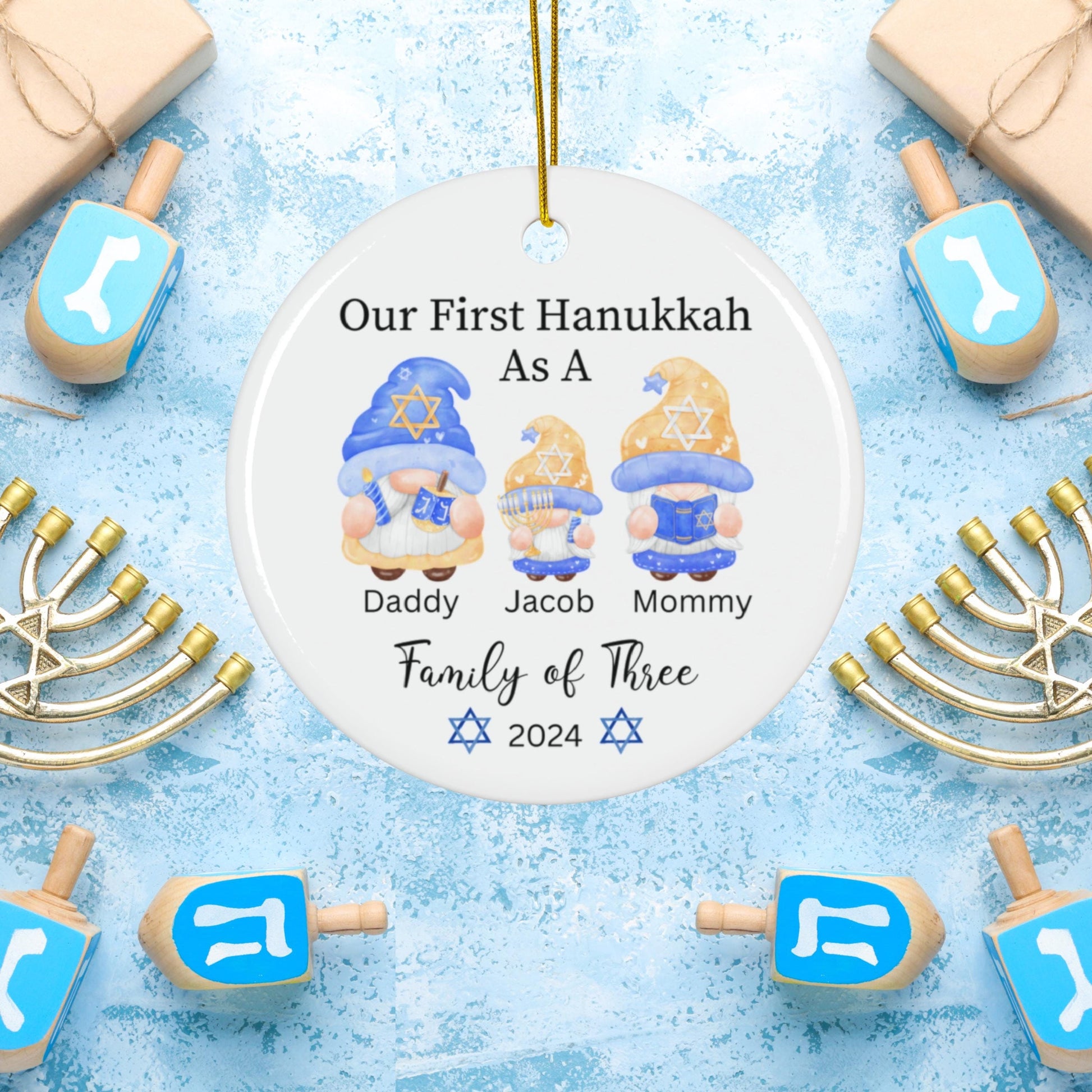 Our First Hanukkah Personalized Ornament, 2024, Family of 3 Hanukkah Ornament, Babys 1st Hanukkah, Hanukkah Gift, Hanukkah Family Ornament