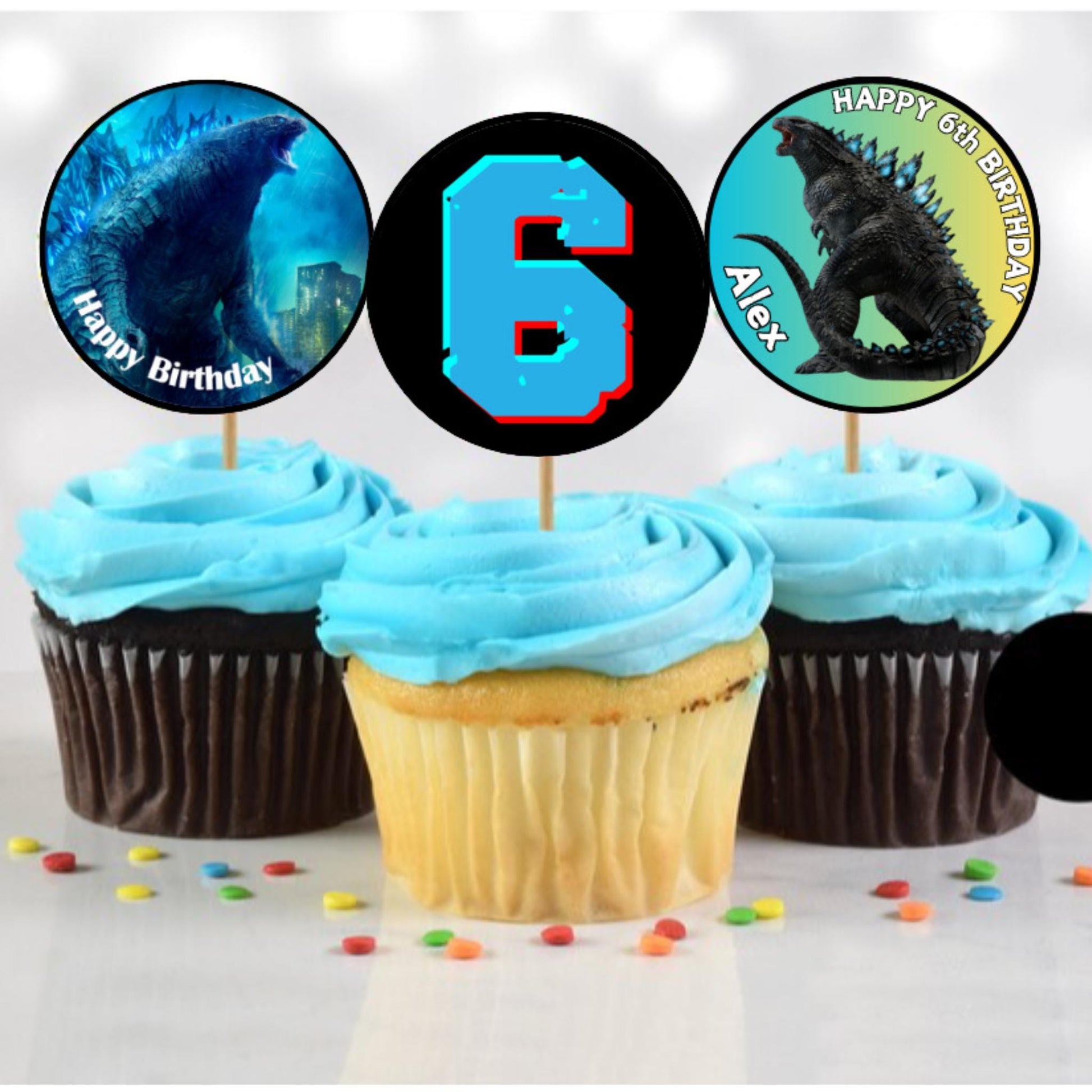 Personalized Godzilla Birthday Cupcake Toppers, Custom Godzilla Party Decor