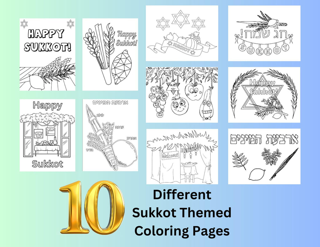 20 páginas para colorear de Sucot, aprendizaje de festividades judías, libro de actividades judías, página para colorear de las Altas Fiestas, imprimible de Sucot, Sucot para niños