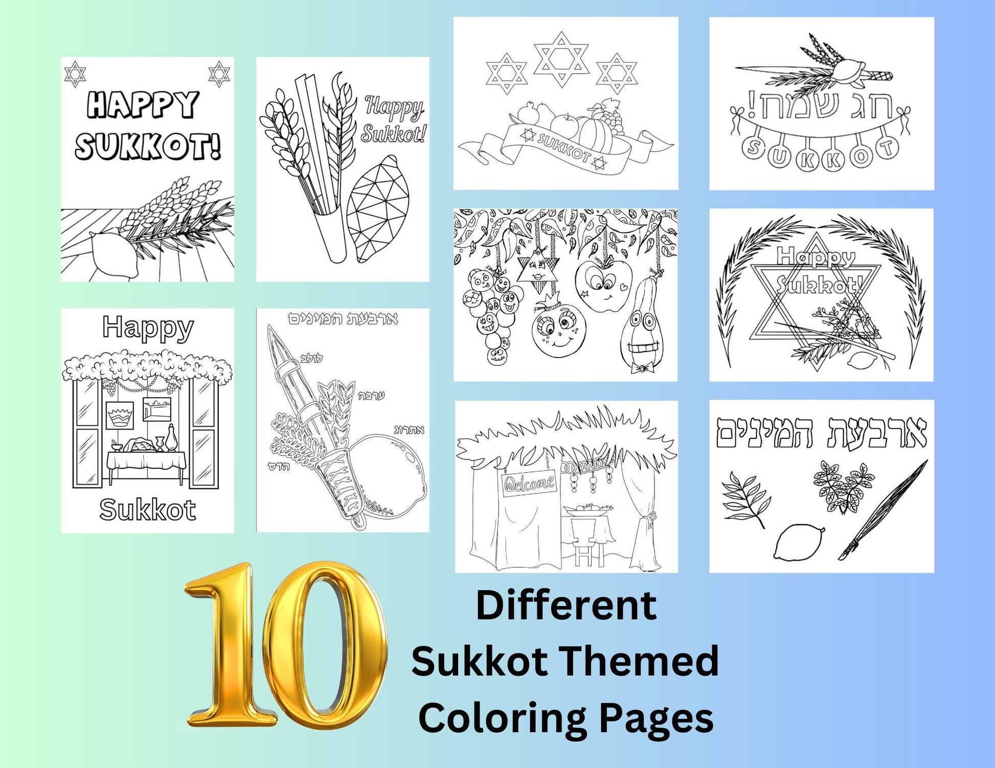 20 páginas para colorear de Sucot, aprendizaje de festividades judías, libro de actividades judías, página para colorear de las Altas Fiestas, imprimible de Sucot, Sucot para niños