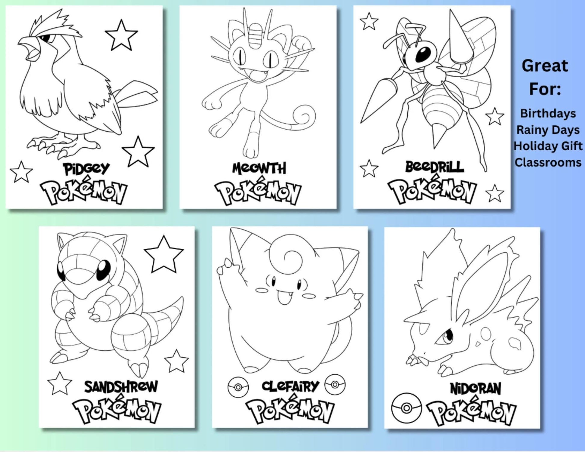 50 páginas para colorear de personajes de Pokémon, descarga instantánea, páginas para colorear imprimibles de "Atrapa a todos" y regalos para fiestas de Pokémon Go.