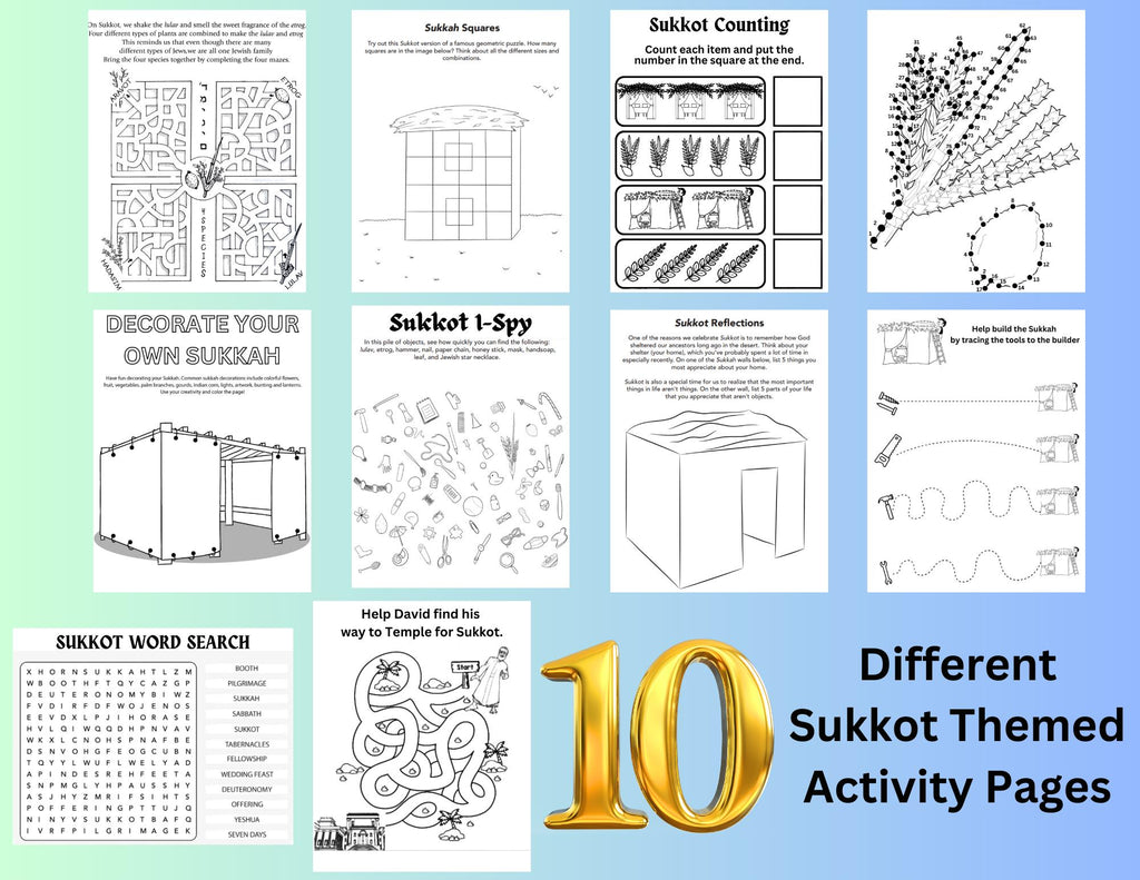 20 páginas para colorear de Sucot, aprendizaje de festividades judías, libro de actividades judías, página para colorear de las Altas Fiestas, imprimible de Sucot, Sucot para niños