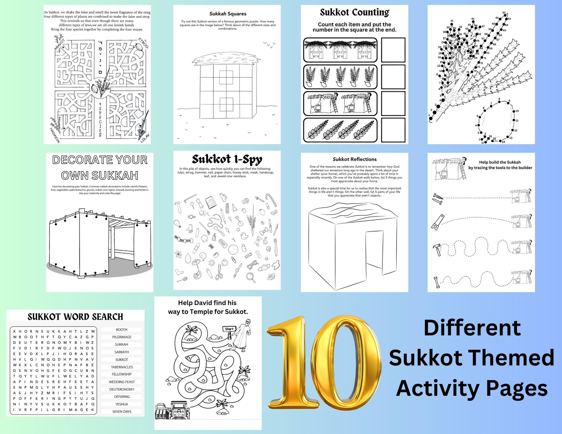 20 páginas para colorear de Sucot, aprendizaje de festividades judías, libro de actividades judías, página para colorear de las Altas Fiestas, imprimible de Sucot, Sucot para niños