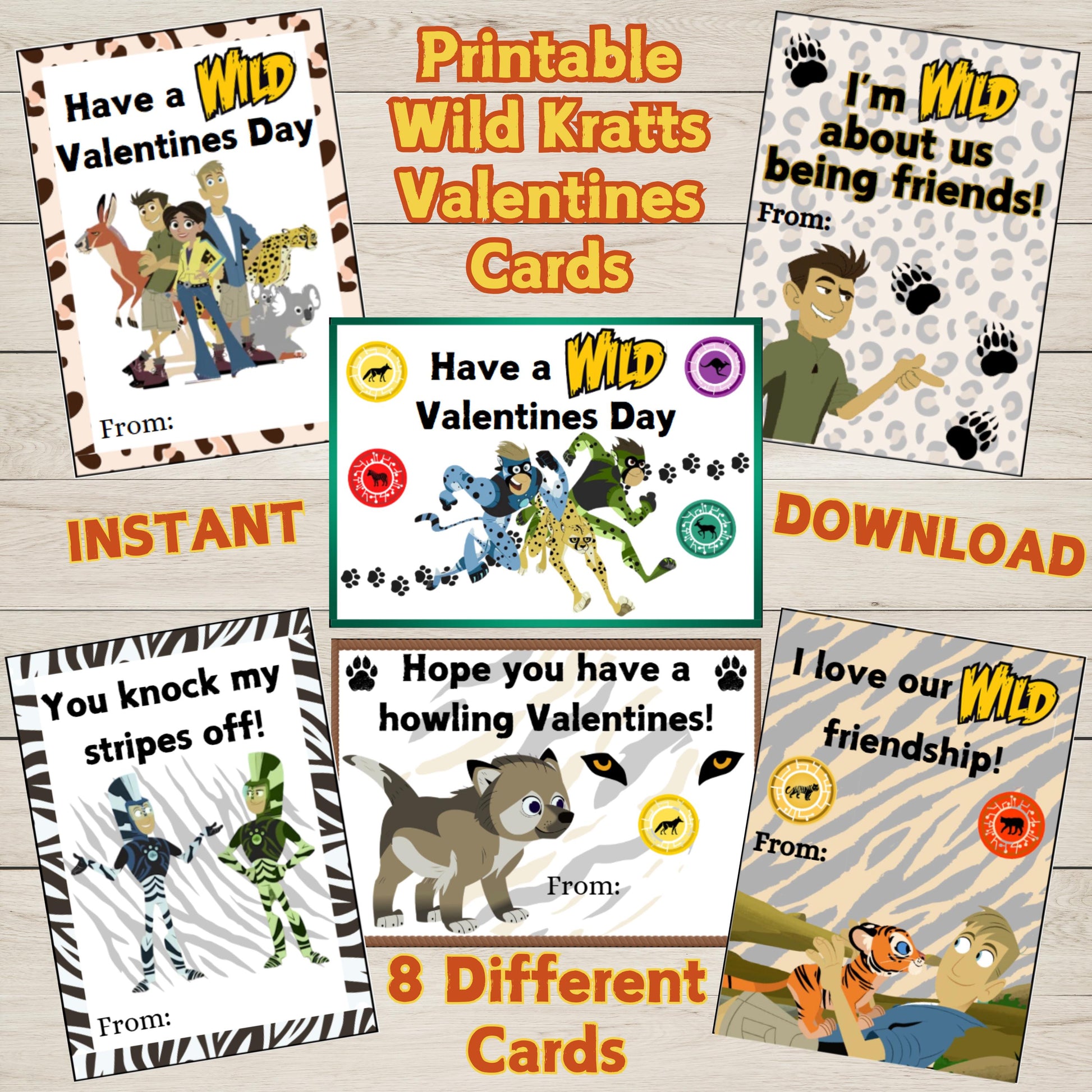 Wild Kratts Valentine's Day Cards instant download, Printable Wild Kratts Valentine Cards, Wild Kratts Happy Valentine's Day cards for class